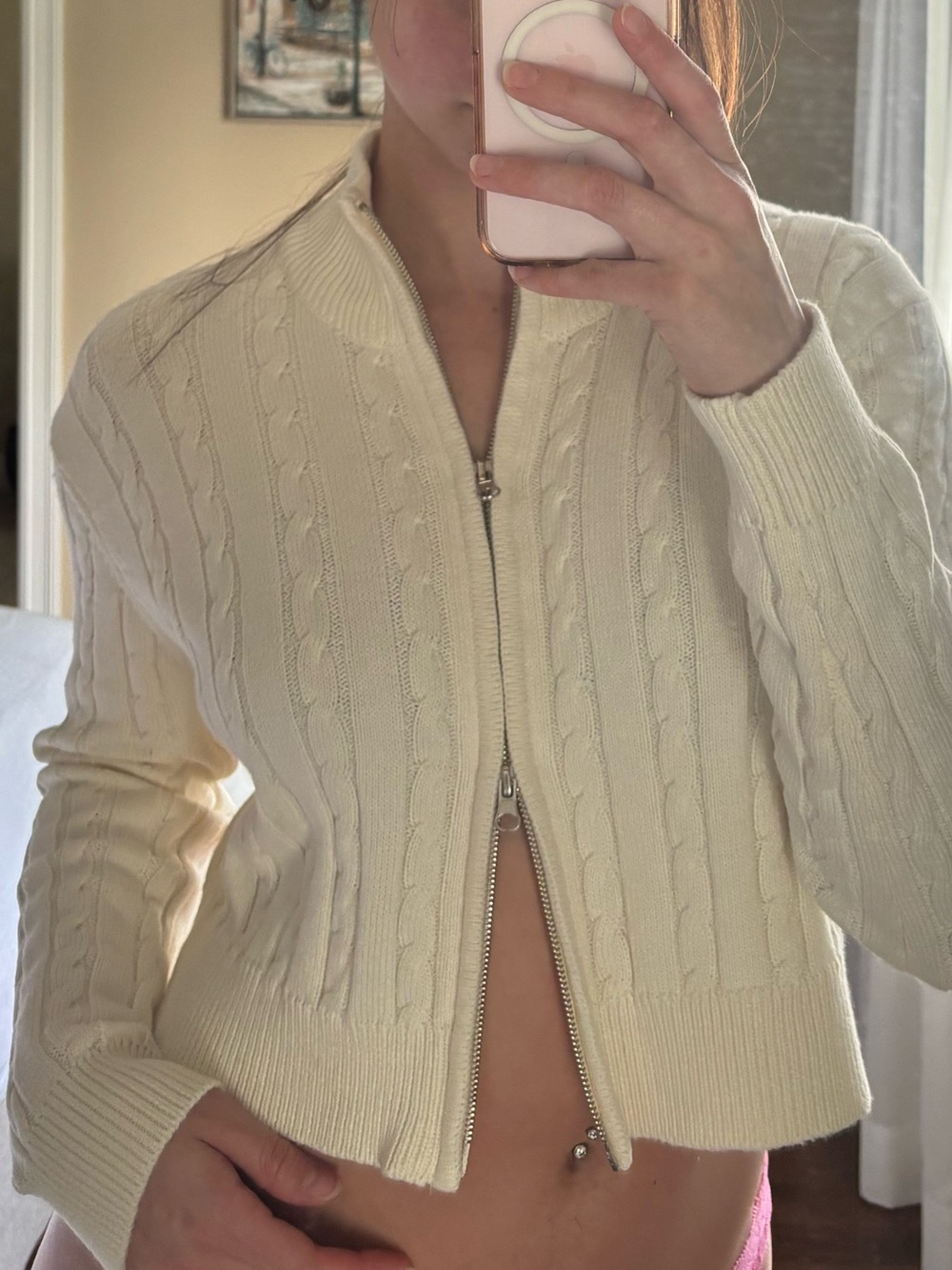 Garage White Cream Cable Zip-Up Cardigan